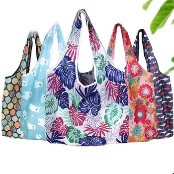 1 개 환경 쇼핑 스토리지 가방 핸드백에 꽃 Foldable 쇼핑 가방을 재사용할 수 있는 접히는 식료품류 나일론 Eco 끈달린 가방