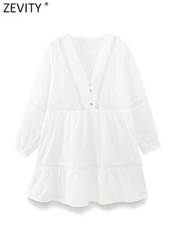 Zevity2023 성 패션 레스로 뜨개질 워크 흰색 미니 셔츠 드레스 사무실 숙녀 세련된 긴 소매 드레스 아플리케 DS3906