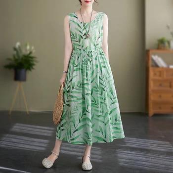 2023 새로운 슬리브리스 얇은 빛의 부드러운 초원의 세련된 느슨한 여름 드레스 그리는 문자열을 패션 여행 캐주얼 비치 스타일의 드레스
