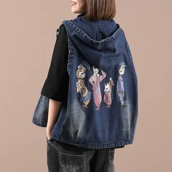 봄 가을 여성의 조끼 한국어 캐주얼을 인쇄 후드 조끼 주머니 민소매 재킷 데님 여성
