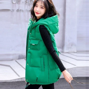 패션 녹색은 한국 여성의 새로운 조끼 2023 년 가을 겨울 여자 조끼 두꺼운 두건이 있는 학생 Coats3XL 여성 의류에 따뜻한