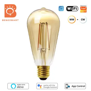 Benexmart Tuya WiFi 복고풍 LED 필라멘트 전구 ST64E27 스마트 텅스텐 램프 빈티지 디 밍이 가능한 빛 220V Alexa Google 홈 음성