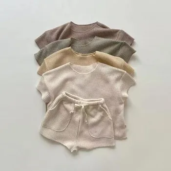 2023 봄의 느슨한 간단한지웨어 세트는 소녀 캐주얼 풀 T-셔츠 아기 부드러운 스웨터 셔츠+면 반바지 Slouchy 니트웨어 한 벌