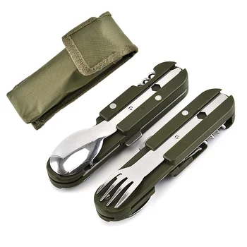 스테인리스로 여행 휴대용 장비는 육군 녹색 접히는 캠핑 피크닉 칼 칼을 포크 스푼 병 오프너 Flatware 식기