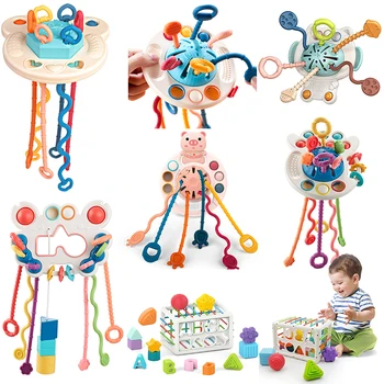 하나에 모든 몬테소리 Pull 문자열이 발달 아기 장난감 1-2Y 실리콘 치아 발육기 장난감 다채로운 감각 큐브는 장난감 유아를위한