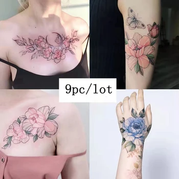 9pcs/많은 섹시한 꽃 임시 귀영나팔 스티커는 여자 가슴 어깨를 다 팔 패션의 예술 가짜 문신 문신을 쇄골