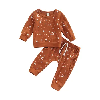 Lioraitiin0-24M 갓 태어난 아기 소녀 2 개 남녀 운동복 달 스타 인쇄 긴 소매 스웨터 셔츠+캐주얼