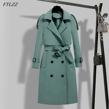 FTLZZ 새로운 가을 겨울 우아한 여자 더블 솔리드 트렌치코트 빈티지 설정-칼라 따뜻한 트렌치는 벨트