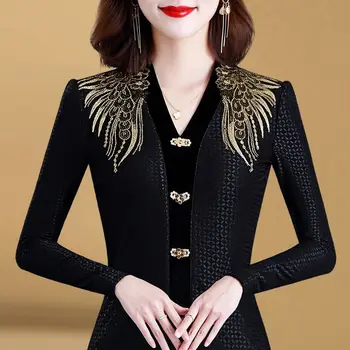 2022 년 가을 겨울 여자의 의류 긴 소매 탑 양털 V-다이아몬드 버튼 호리호리한 인쇄된 한국 T-셔츠 패션아