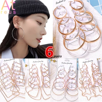 2022 펑크 무거운 금속 원 귀걸이 여성 나이트 클럽의 보석은 작은 큰 크기에 혼합 6 짝 귀걸이트 라운드 후프
