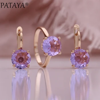 PATAYA2023 새로운 퍼플 콘 귀걸이는 반지 세트를 위한 여자 585 골드 컬러 패션 쥬얼리 웨딩 파티 선물 세트