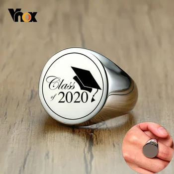 Vnox 사용자 정의 땅딸막 라운드 최고 인장 반지는 남자의 클래스를 2020 년에 스테인리스 스탬프 이란성 반지는 펑크 무거운 졸업 Gift