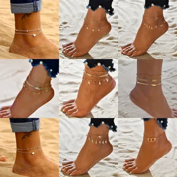 VAGZEB 금은 색깔을 빈티지 구두 설정 여성을 위한 조정가능한 다층 구두에 팔찌 다리 발 해변석