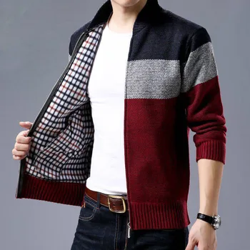 남자 카디건 겨울 따뜻한 두껍게 패션 니트이트 스티치 Colorblock 칼라 지퍼 외투 재킷