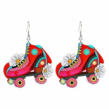 빈티지 붉은 롤러 스케이트 아크릴 여자의 귀걸이 2023 동향 큰 만화 스케이트 신발 꽃 드롭 Dangle 귀걸이