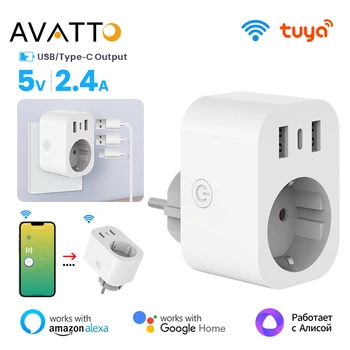 AVATTO Tuya WiFi 스마트 플러그 및 소켓，USB Type-C 콘센트,EU16A 원격 제어와 함께 작동 Alexa Google 홈 Yandex