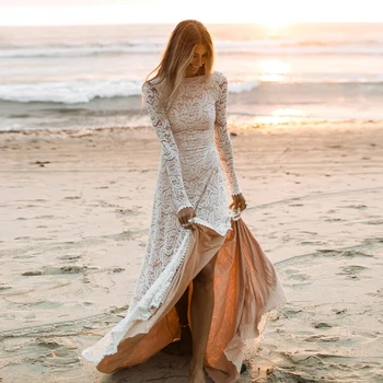 레이스 Boho 웨딩 드레스 여성 2023 긴 소매 측 틈새 등이없는 해변에 신부 드레스는 신부 드레스 드레스 드레스 웨딩