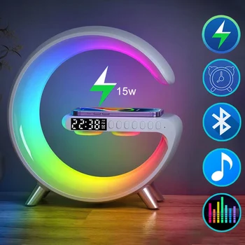 스마트 밤 빛 RGB LED 분위기의 책상 램프 다기능 알람 시계 스피커 응용 프로그램 제어를 무선 충전기 아이폰 Samsung