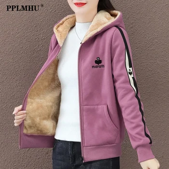 캐주얼 Zip 까지 짧은 양털 재킷 여성 가을 한국의 긴 소매 스웨트셔츠 스트리트웨어 패션 스포츠 후드 Tops