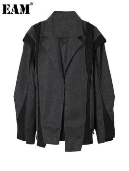 [EAM]회색 컬러 블록 버 불규칙한 큰 크기 모직 코트 다운 새로운 긴 여성들의 패션을 가을 겨울 2023 1DF039102