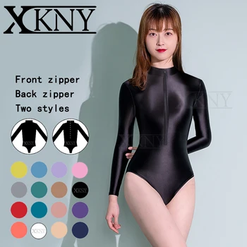 XCKNY 원피스 수영복 여자의 섹시한 단단한 프런트 지퍼를 다시 두 가지 스타일의 높은 슬릿 섹시한 광택 있는 긴 수영복 바닥 코트