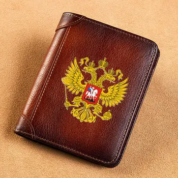 높은 품질의 진짜 가죽 지갑 러시아의 두 배 머리 독수리는 인쇄 단 카드 홀더갑 럭셔리 브랜드 남성 지갑