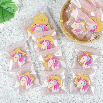 100 7x7cm/10x10cm 유니콘 플라스틱 쿠키 비스킷이 사탕을 선물 포장 부대를 위한 아이 소녀 생일 파티 아기 주머니 샤워 시설