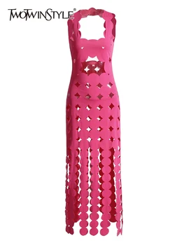 TWOTWINSTYLE 슬림 미니멀한 드레스 여성 사각형 네크라인 민소매 높은 여름 드레스 여성 패션 의류 2023New