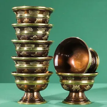 구호 청동 구리를 마시는 키가 큰 그릇 경사스러운 티베트어 거룩한 물 우유 차 컵 황금 불교 그릇을 가정의 장식 선물