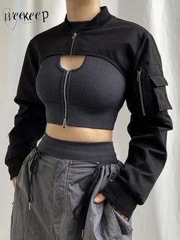 Weekeep 펑크 스타일의 최고 자른 재킷까지 지퍼 포켓 워크 화물의 재킷은 여성 의 스트리트웨어 검은 코트 패션