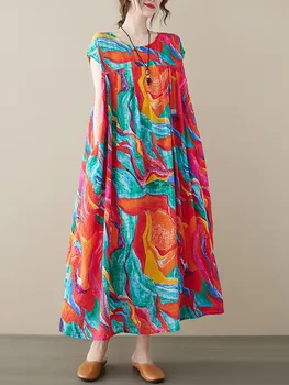 소매가 짧은 목화 꽃 동물 인쇄 새로운 드레스에서 여자를 위해 캐주얼한 느슨한 긴 여름 드레스 우아한 의복 2023