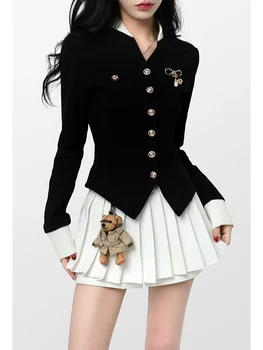블랙 빈티지 피해 여성 일본 짧은 재킷 코트+미니스커트에 맞게 여성 캐주얼 한국의 패션 섹시한 귀 설정 2023