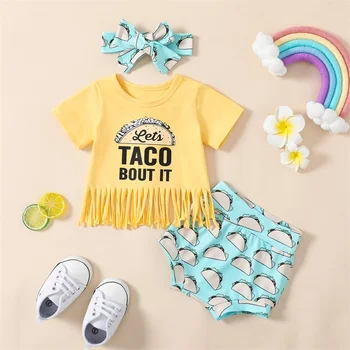 Citgeett 여름 여자 아기 유아 옷을 설정 노란 짧은 술 앙 탑+패턴이 인쇄 PP 반바지+옷 헤드밴드