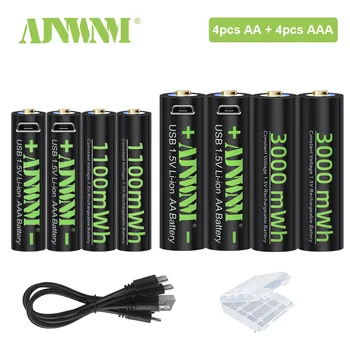AJNWNM3000mWh1.5V AA 충전 배터리+1100mWh1.5V AAA 건전지는 Li 이온 AA AAA 재충전용 배터리 사진기를 위한 장난감+USB