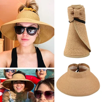 2022 년의 새로운 여자는 롤업 태양을 챙 넓은 밀짚 모자 챙 여름에 접이식 수납 UV 보호를 위한 모자를 보네 해변 여행