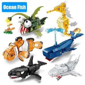 Moc 바다는 해양 동물을 해 범고래 랜 물고기 모델을 설정한 빌딩 블록 Diy 어린이 모이는 장난감한 아이는 선물
