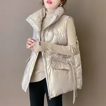 Crriflz 여성 칼라 짧은 밝은 색깔 면 패딩 재킷 소매 여성 조끼 겨울 코트 조끼