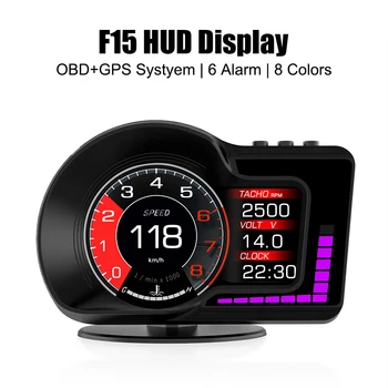 Milometer OBD GPS 이중 시스템 F15 가속 테스트 6 알람 기능 RPM 계기 속도계 HUD 자동차 헤드업 디스플레이
