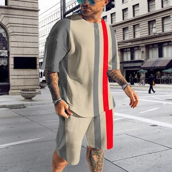여름 남성 패션 트렌드에 맞는 3D 인쇄 스트라이프 패턴 조깅 운동복에 짧은 소매 티셔츠로 설정 스트리트웨어 옷에 대한 남성