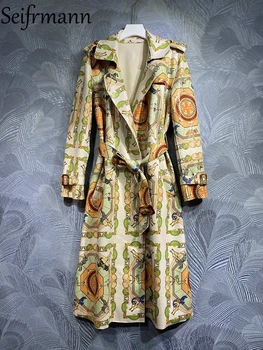 Seifrmann2023 겨울 패션 활주로 트렌치코트의 긴 소매 벨트 빈티지 인쇄 느슨한 우아한 여성 코트 외투
