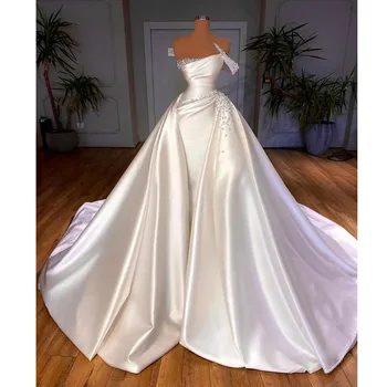 Msikoods 새틴 교회는 웨딩 드레스 우아한 빈티지 하나 어깨 비즈 결혼식에 신부 드레스 흰 선은 아랍어 웨딩 드레스