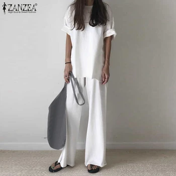 캐주얼한 느슨한 일 여성들의 패션체 운동복 ZANZEA 블라우스와 바지가 맞는 넓은 바지 봄에 맞는 설정 2 개