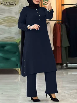 패션 무슬림 여성 세트 2 개 ZANZEA 느슨한 라마단 운동복 이슬람교류주얼 블라우스 다리 바지장