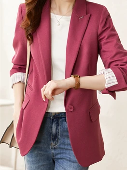 Vimly2023 봄 블레이저 재킷은 여성 사무실 숙녀의 우아한 멋에 맞게 긴 소매 노치 칼라 코트에서 새로운 Outerwears