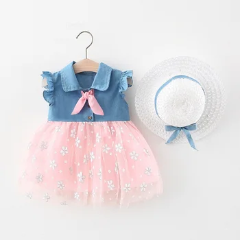 새로운 아기 소녀 드레스 꽃 메쉬 워크 칼라 셔츠 작은 비행 소매의 무릎 길이의 공주 파티 드레스