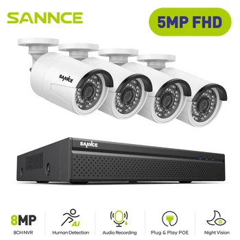 SANNCE8CH5MP HD POE 비디오 보안 감시 카메라 시스템은 4 개 5mp IP 카메라 야외 비바람에 견디는 홈 CCTV NVR 시스템