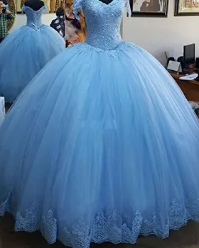 볼 가운 성인식 드레스 매력적인 코르셋 아플리케 전체 길이는 여자의 달콤한 데뷔 16 가운 뜨거운 판매 2021 년