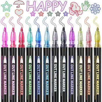 12 색상을 두 번 라인을 개요 펜 세트 메탈릭 색상 마법의 하이라이터 마커 펜 예술에 대한 그림을 쓰는 학용품