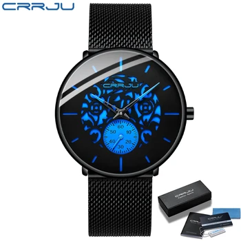 남성 패션 CRRJU2021 년 남자의 파란 매우 얇은 메시 손목 시계 스트랩 복고풍의 빈 꽃 차가운 캐주얼 방수 남성 시계