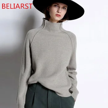 BELIARST2021 년 새로운 가을 겨울 여의 옷을 입은 여성이 높은 칼라 두꺼운 스웨터 풀 스웨터 큰 사이즈 니트 모 셔츠